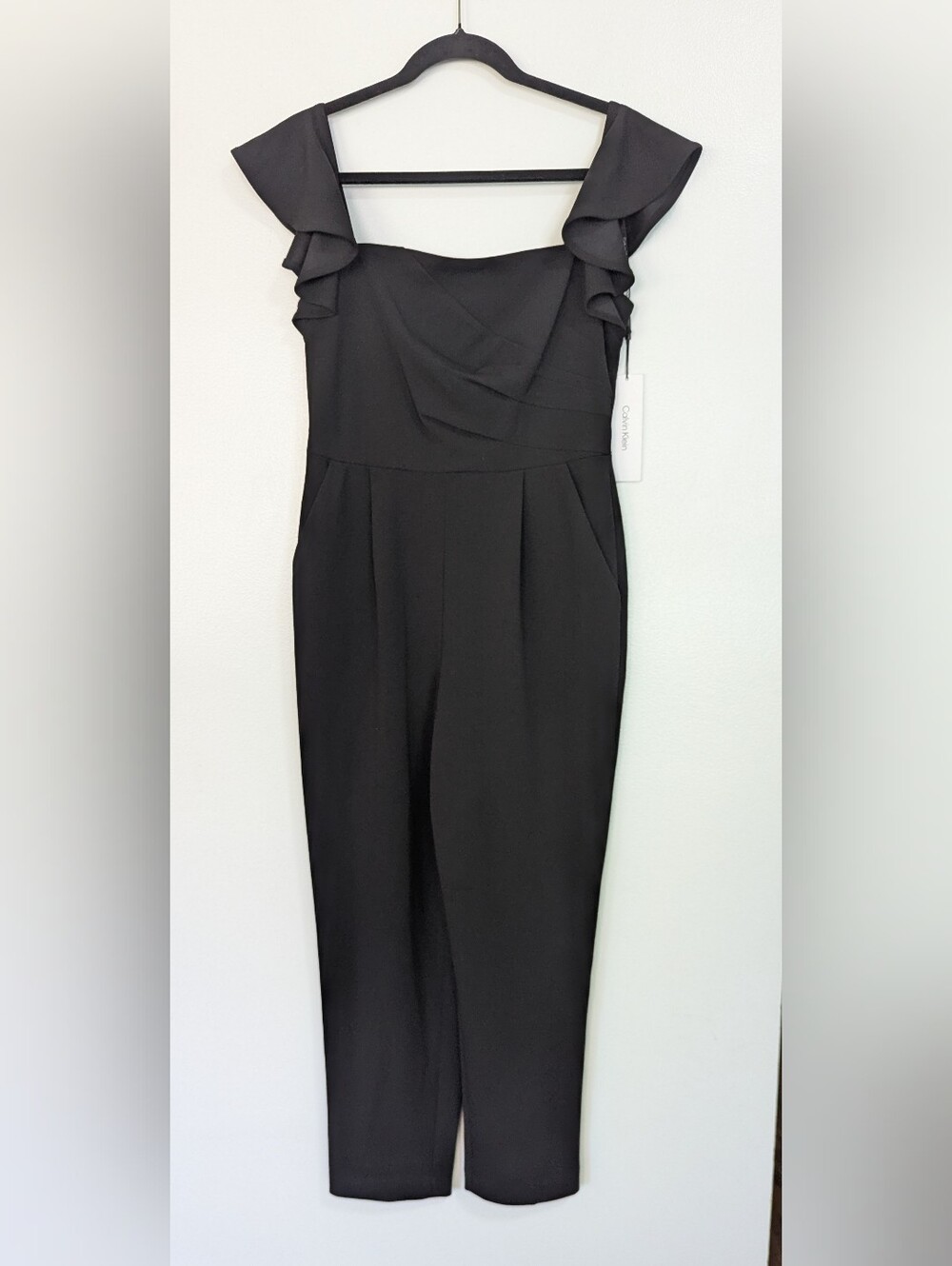 NWT Calvin Klein Square Neck Black Ruffle Sleeve Jumpsuit Size 4